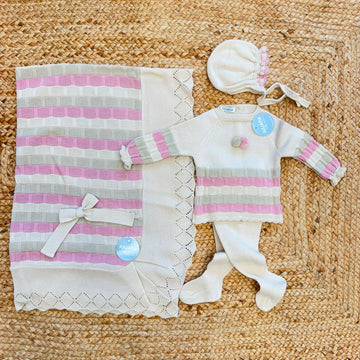 Set nascita neonata Juliana con copertina panna rigata rosa e verde salvia