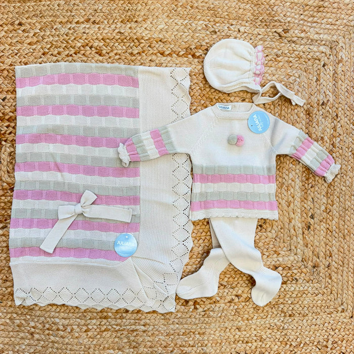 Set nascita neonata Juliana con copertina panna rigata rosa e verde salvia