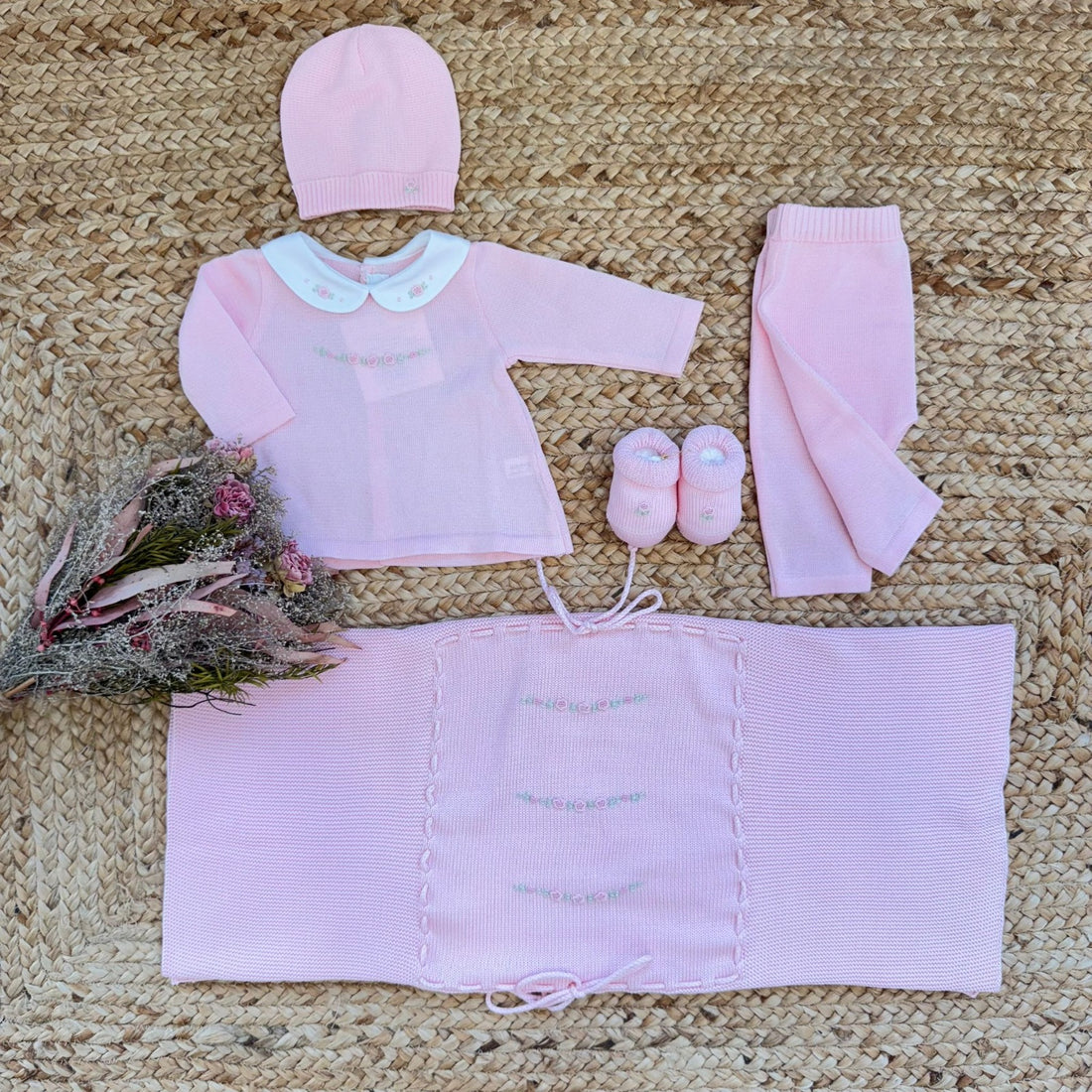 set nascita neonata rosa cotone con copertina ricamata