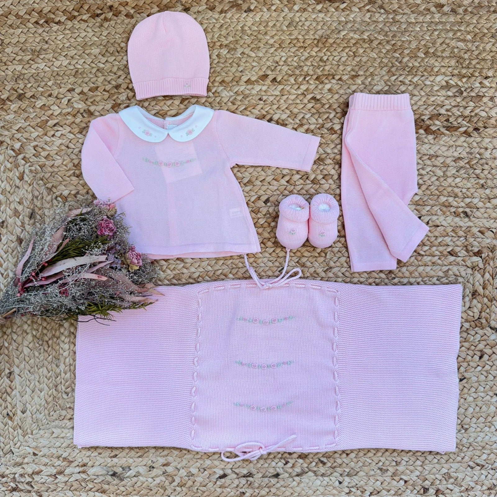 set nascita neonata rosa cotone con copertina ricamata