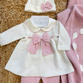 set nascita neonata elegante con fiocco e cappellino abbinato