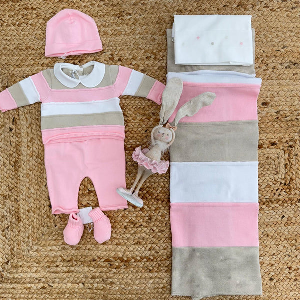 Set nascita neonata estivo in cotone con righe rosa, tutina, copertina, cappellino e scarpine – primo cambio ospedale