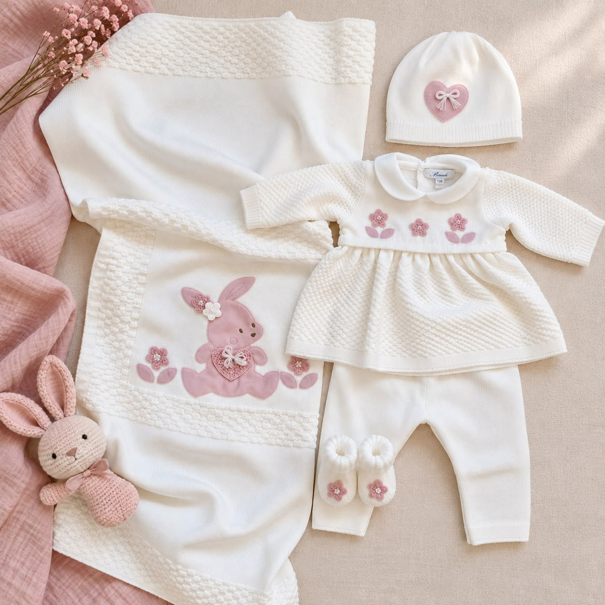 Set nascita neonata in lana panna e rosa con tutina, copertina, cappellino e scarpine per uscita clinica