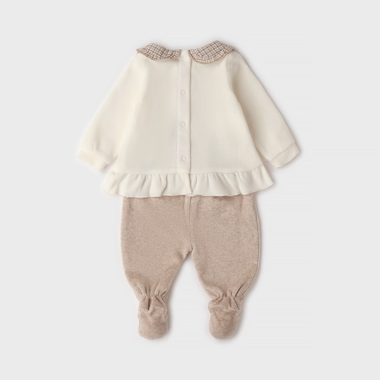 Retro completo nascita neonata in ciniglia panna e beige con pantalone con piedini