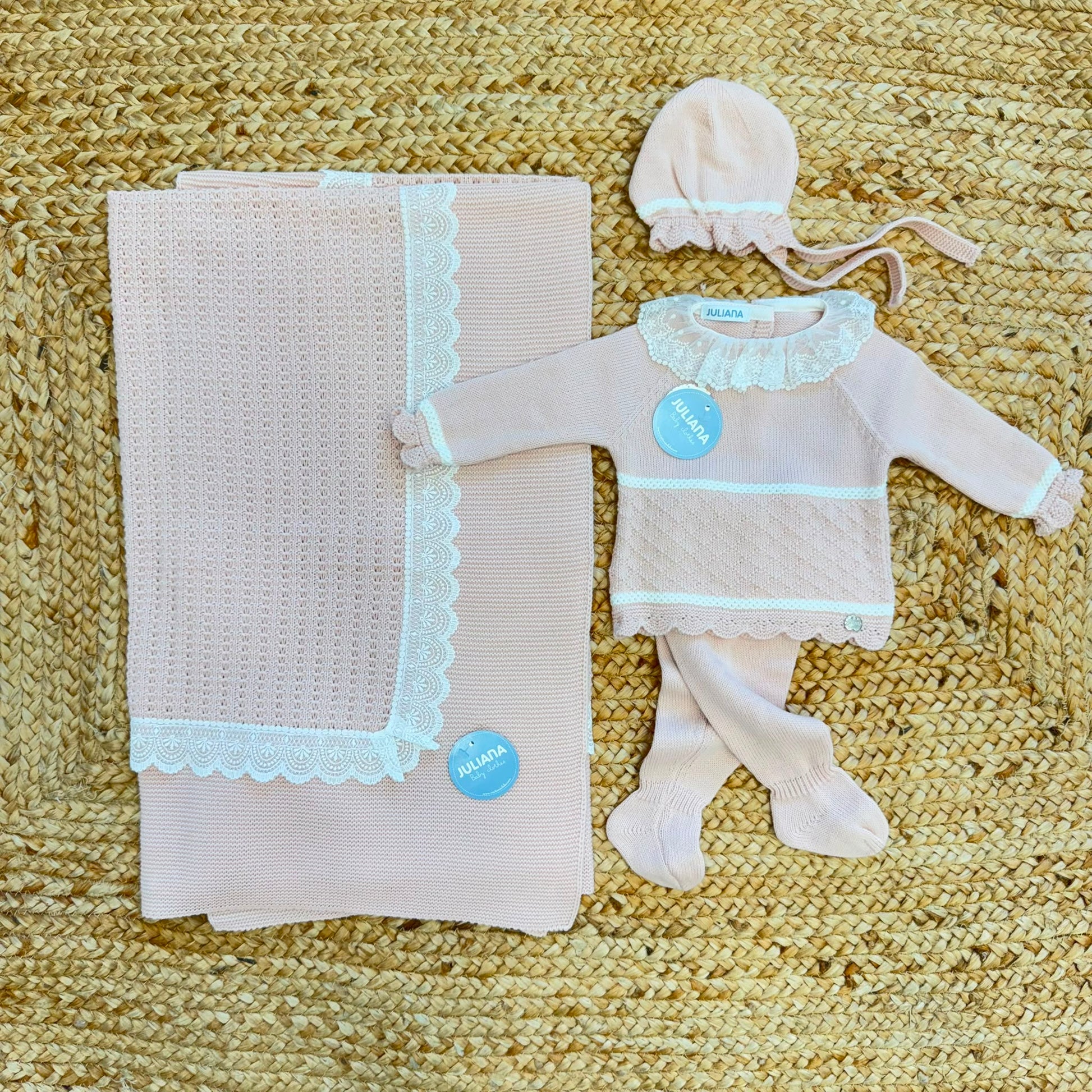 Set nascita neonata rosa antico Juliana con copertina, maglia, ghettina e cuffietta