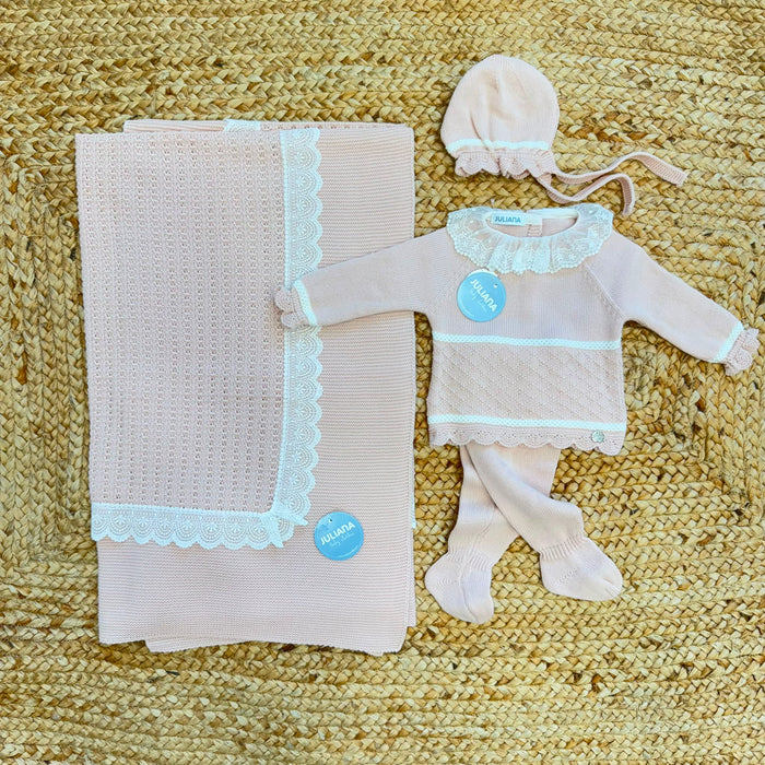 Set nascita neonata rosa antico Juliana con copertina, maglia, ghettina e cuffietta