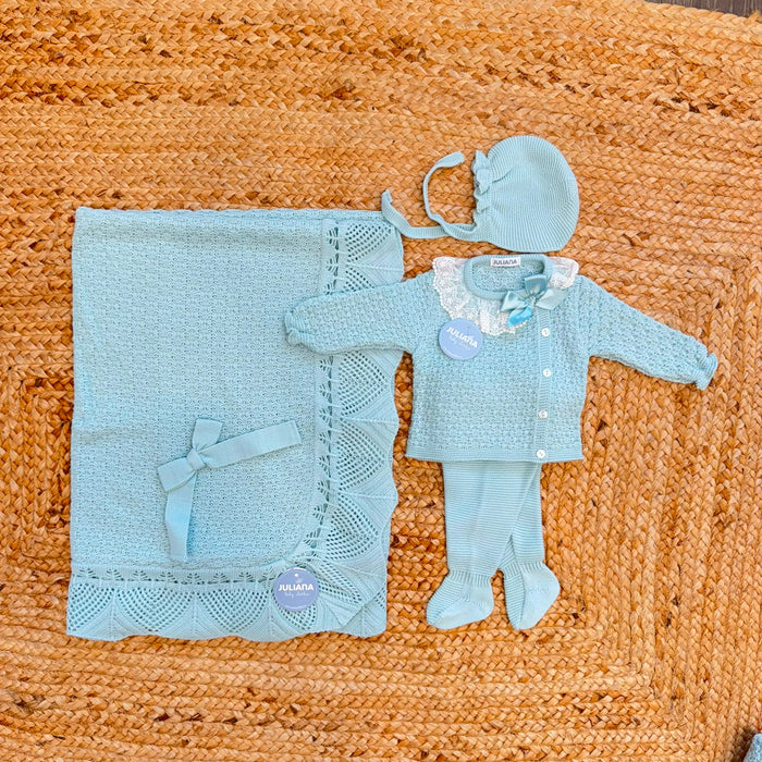 Set nascita neonata verde menta con copertina, golfino, ghettina e cuffietta