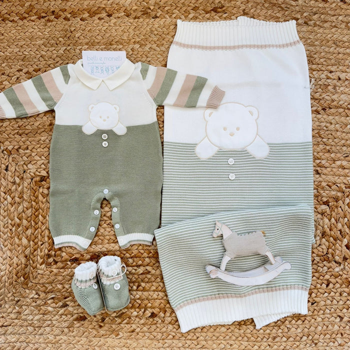 set nascita neonato cotone verde salvia con copertina e scarpine