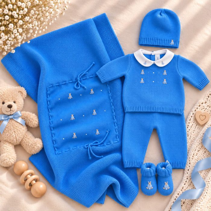 Corredino nascita neonato in lana blu con copertina, tutina, cappellino e scarpine per uscita clinica