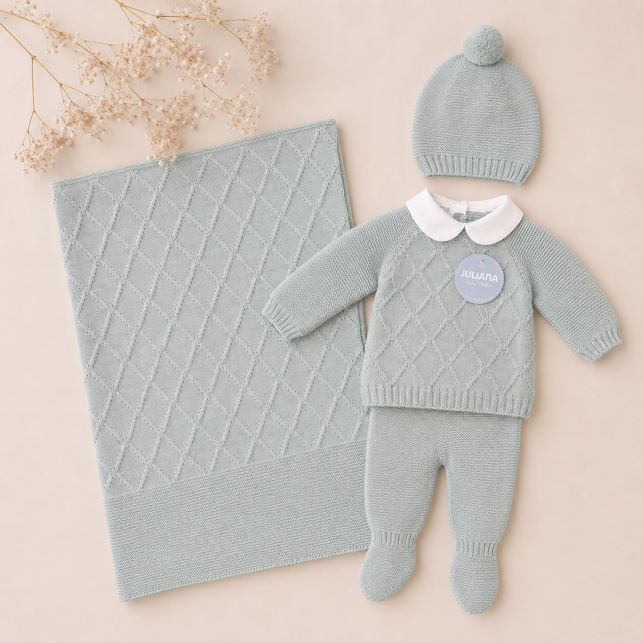 Set nascita neonato verde menta con copertina, maglioncino, pantalone con piedini e cappellino