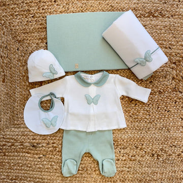 set nascita neonato 100% cotone bianco e verde salvia con coperta 65x85