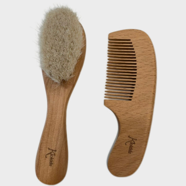 Set spazzola e pettine in legno naturale per neonati