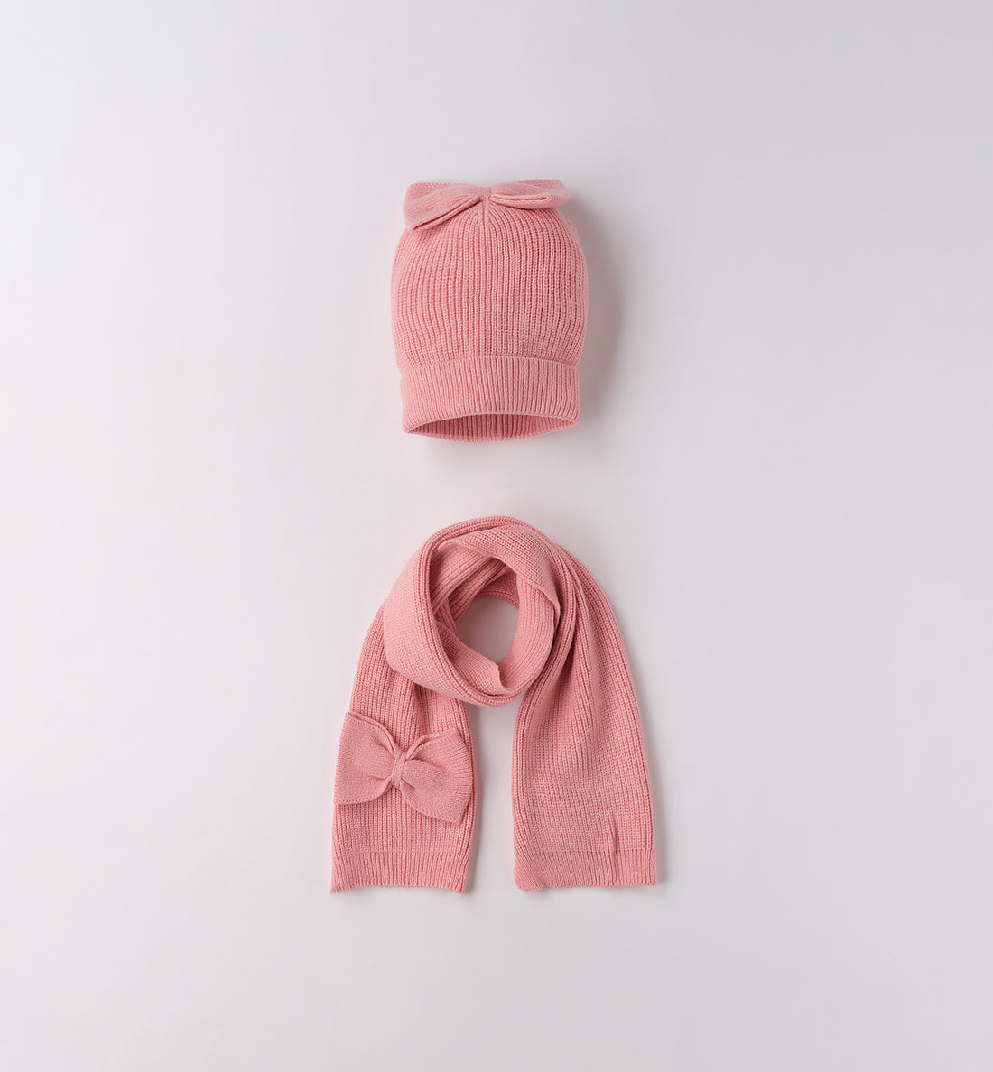 set bambina cappello e sciarpa rosa in maglia con fiocco