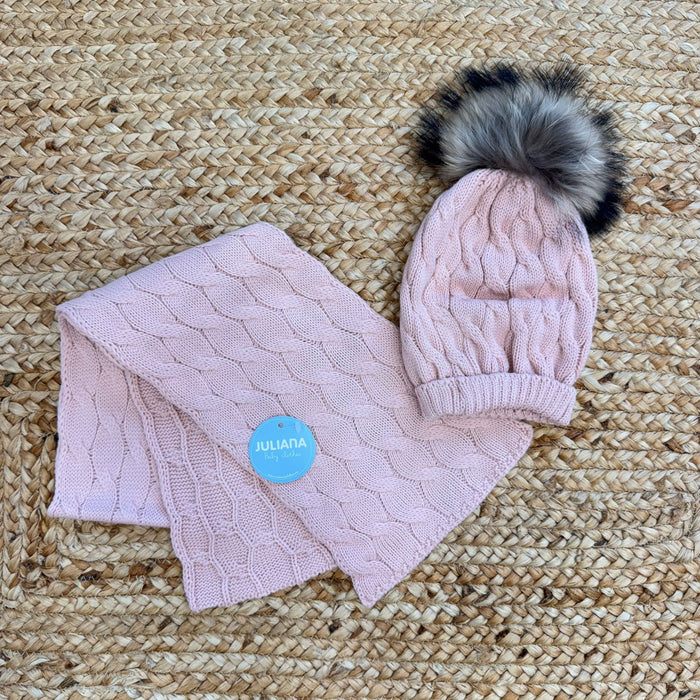 set cappellino e sciarpa bimba rosa cipria con treccia