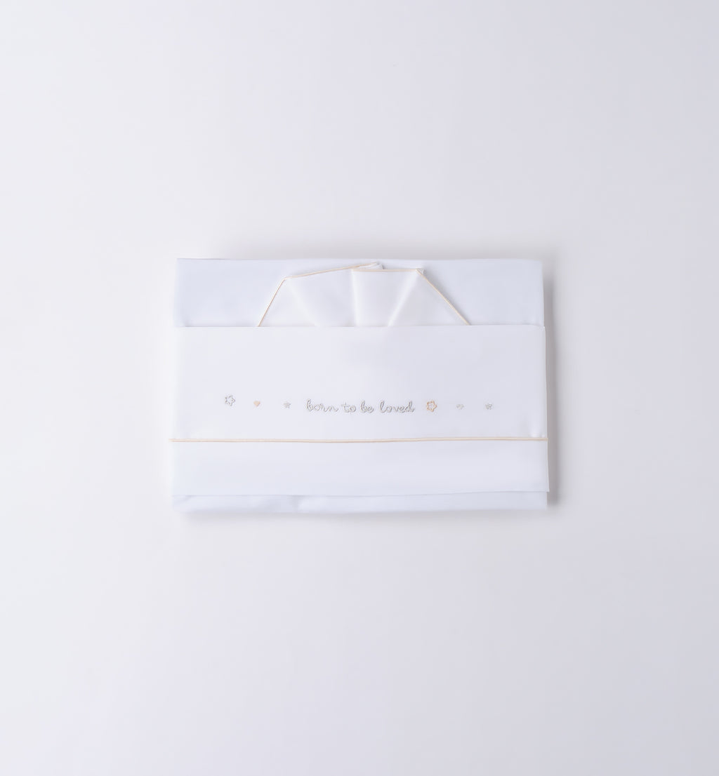 set lenzuola neonato caldo cotone bianco con ricamo “born to be loved”