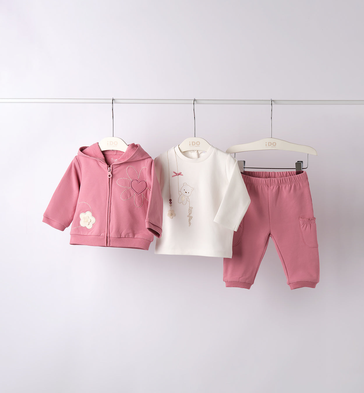 set tre pezzi neonata in caldo cotone rosa con orsetto e fiocchetto