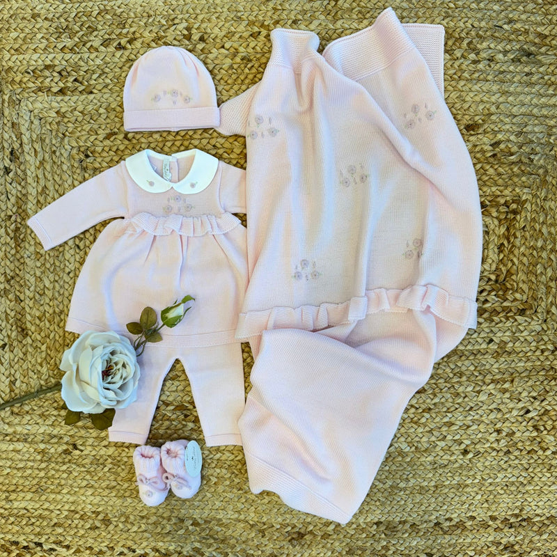 set uscita clinica rosa cipria in pura lana con camelie ricamate per neonata