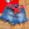shorts bimba cotone effetto denim con balza e cintura a righe