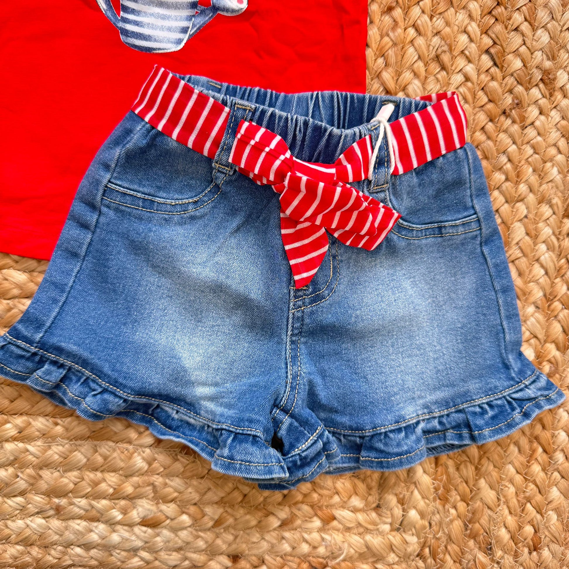 shorts bimba cotone effetto denim con balza e cintura a righe