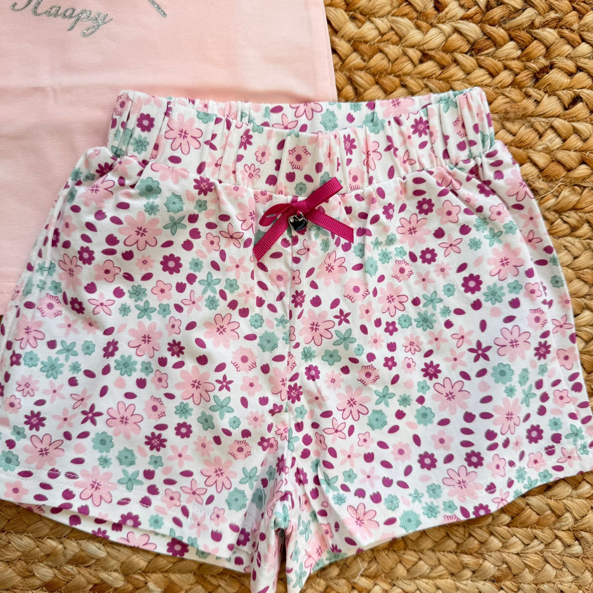 shorts bimba cotone fantasia floreale rosa verde acqua