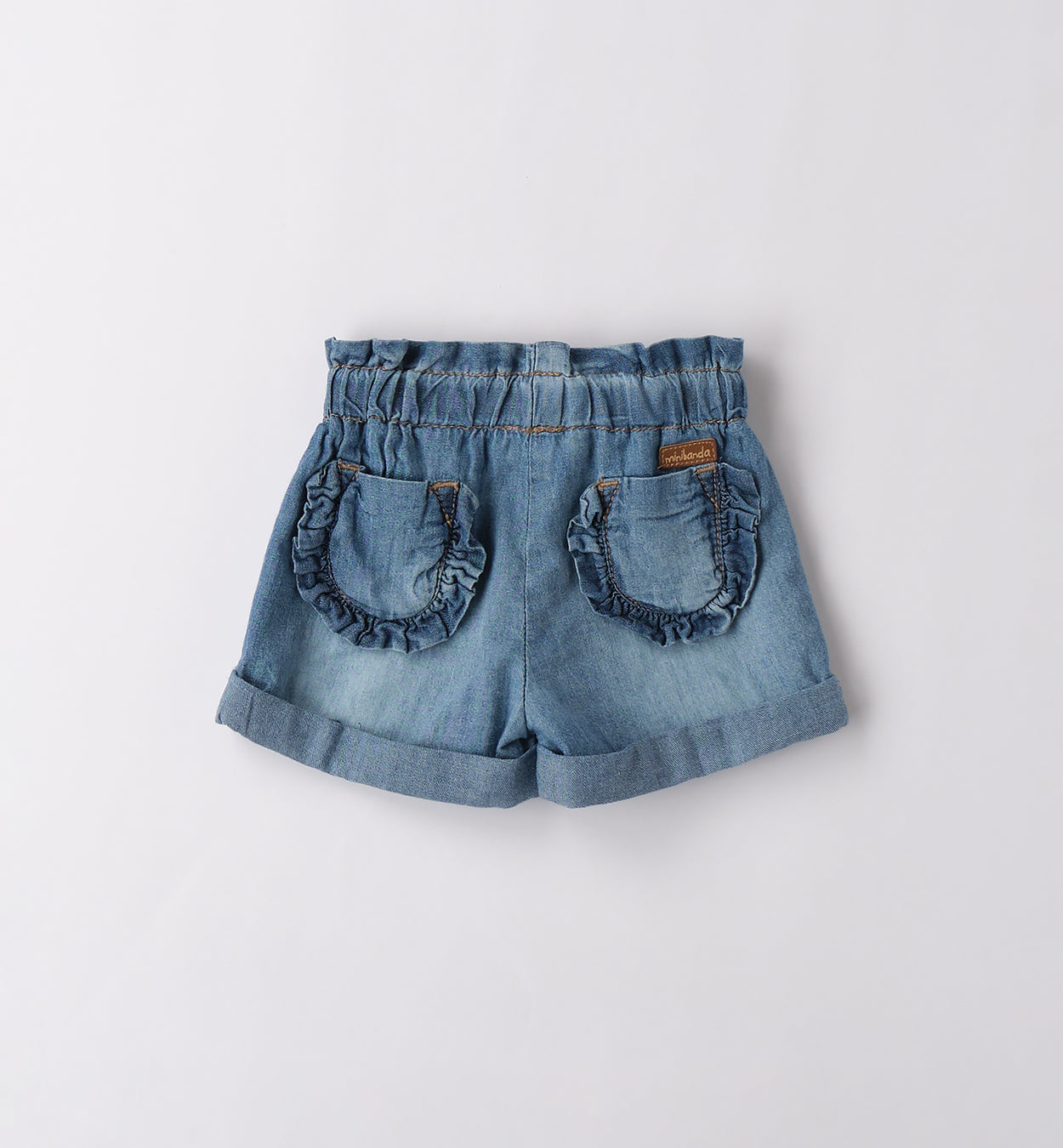 Retro shorts neonata in denim con tasche arricciate e cintura elastica
