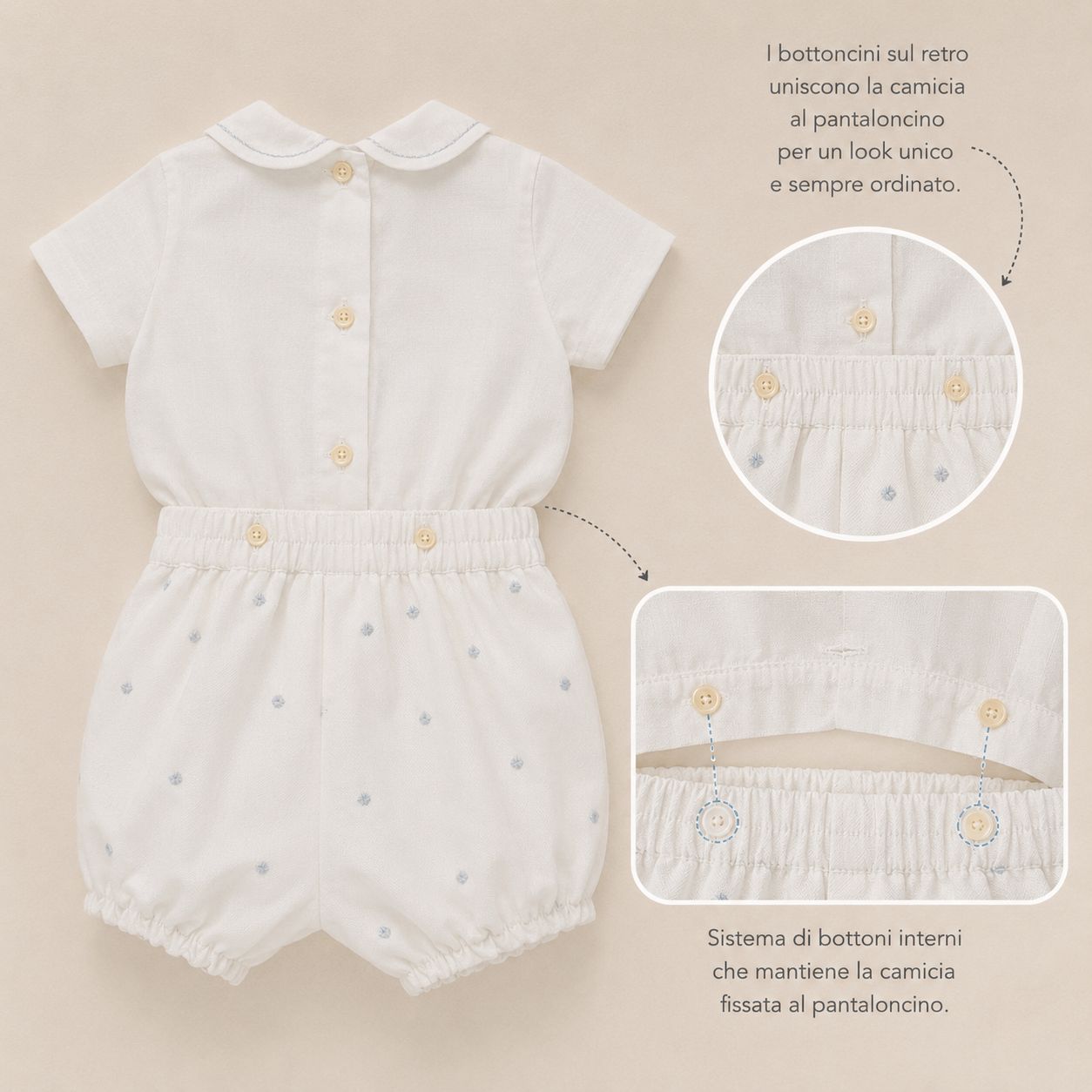 Completo battesimo bimbo bianco e celeste con colletto arrotondato e pantaloncino ricamato elegante.