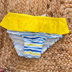 Costume mare bambina con slip giallo a righe e top pappagallo

