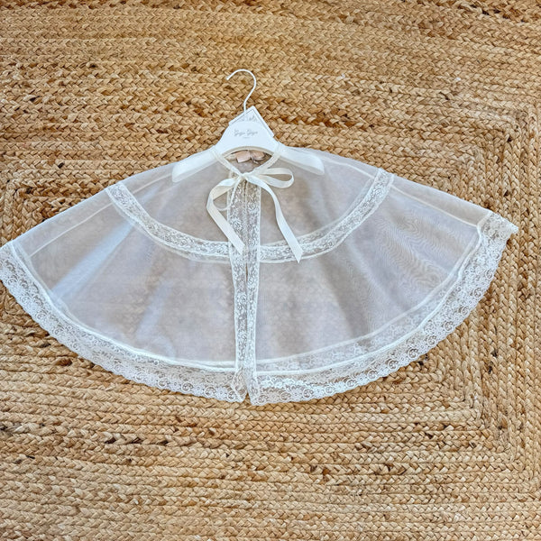 Stola battesimale bianca trasparente con bordo in pizzo floreale e fiocco in raso