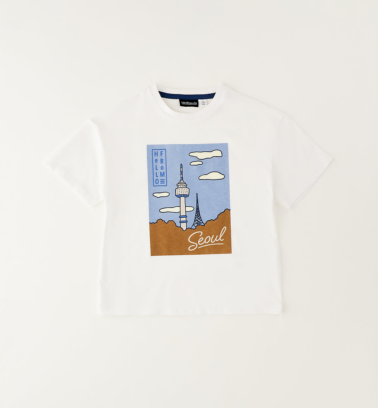 T-shirt bimbo bianca in 100% cotone con stampa frontale Seoul