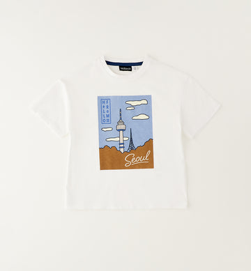 T-shirt bimbo bianca in 100% cotone con stampa frontale Seoul