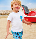T-shirt bimbo bianca in 100% cotone con taschino fantasia auto colorate