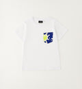 T-shirt bimbo in cotone bianca con taschino decorativo blu e giallo ispirato al mare