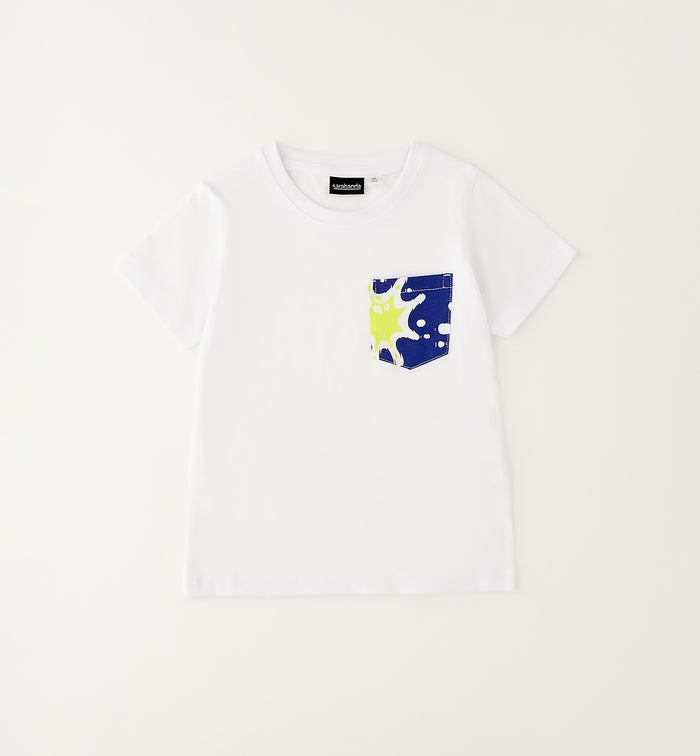 T-shirt bimbo in cotone bianca con taschino decorativo blu e giallo ispirato al mare