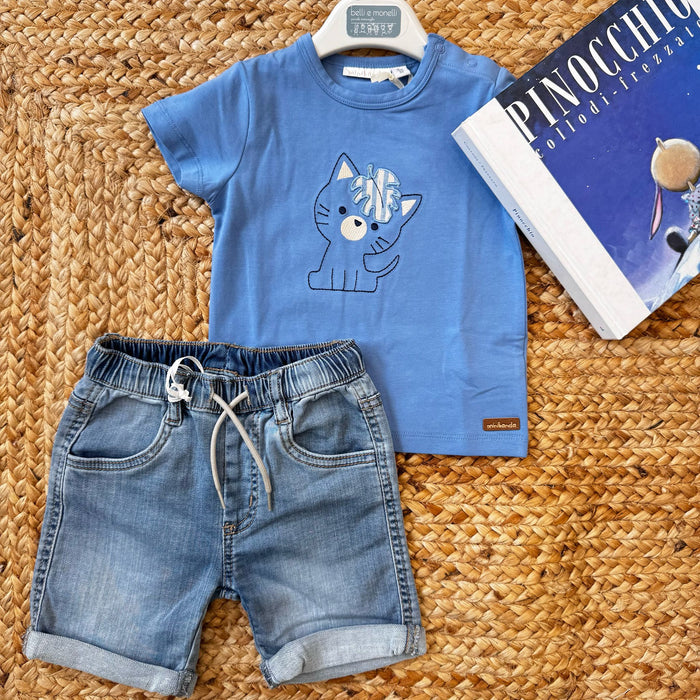 T-shirt con gatto e pantaloncini jeans per bambino, abbigliamento estivo casual.