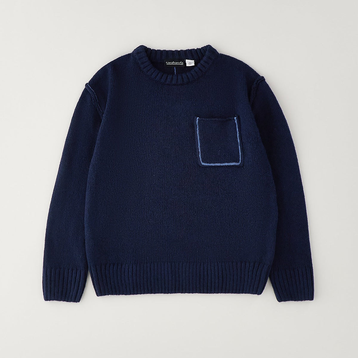 Maglione bimbo blu girocollo con taschino e profilo azzurro a contrasto