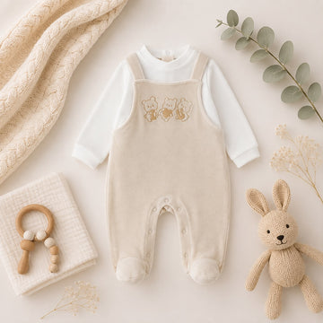 Tutina unisex in ciniglia beige con salopette e orsetti
