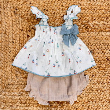 completo neonata cotone fantasia mare con culotte beige