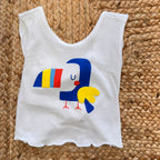 Costume mare bambina con slip giallo a righe e top pappagallo