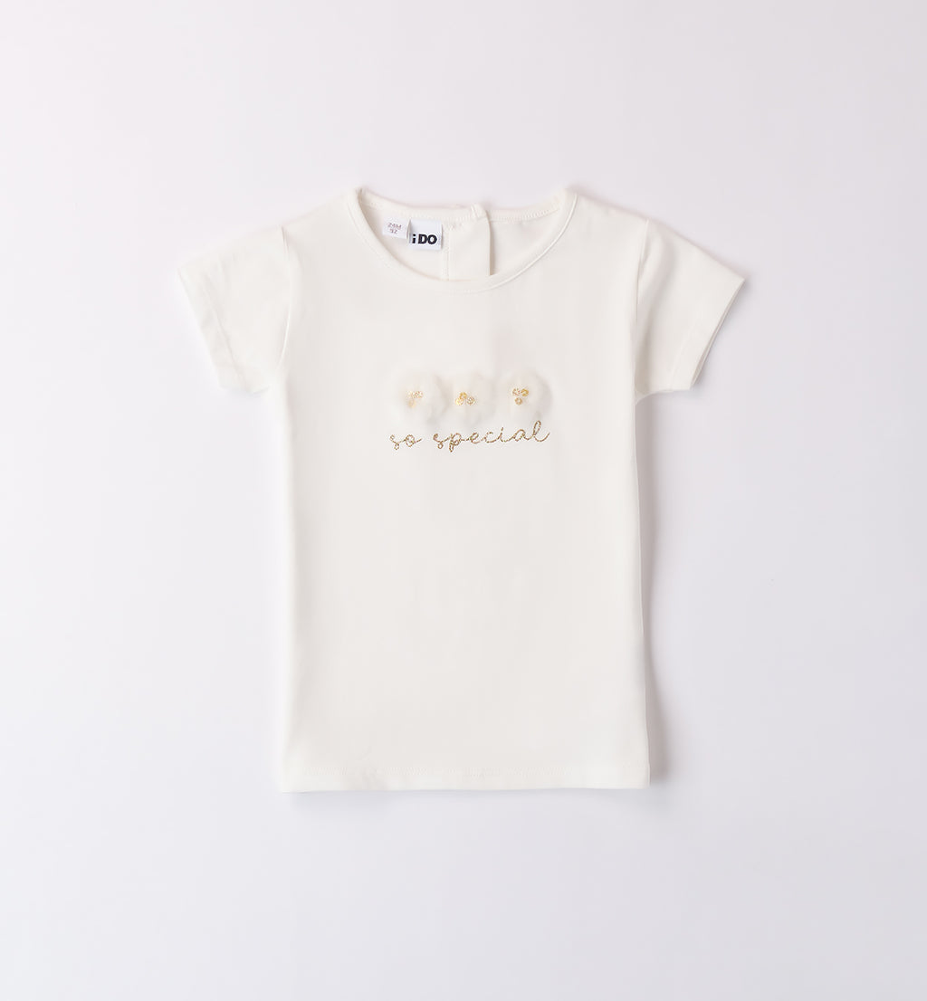 T-shirt bambina avorio con fiori in tulle e scritta dorata "so special"

