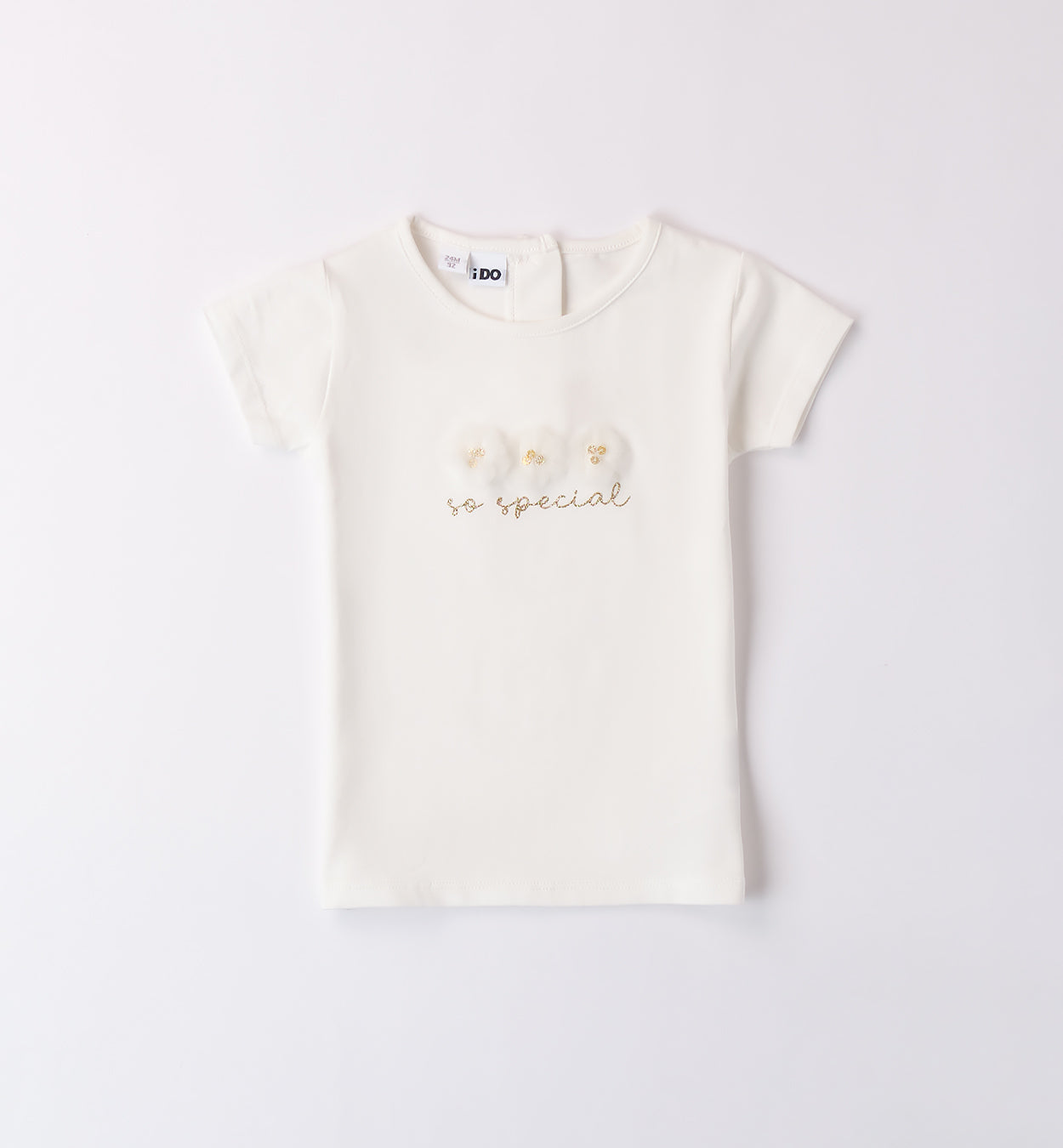 T-shirt bambina avorio con fiori in tulle e scritta dorata "so special"

