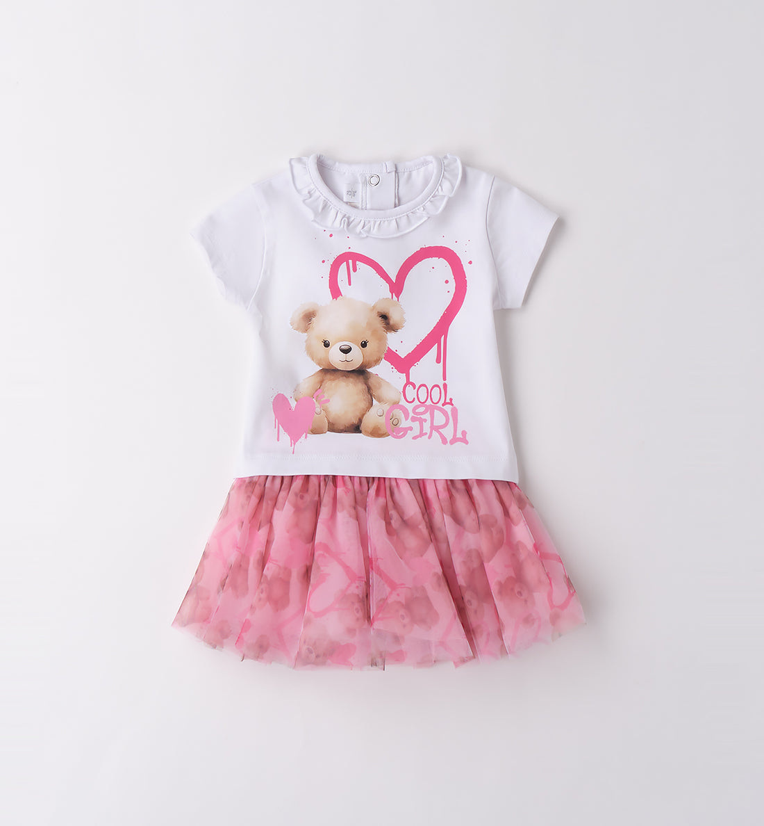 Completo bambina con t-shirt bianca e gonna in tulle rosa con fantasia orsetti.