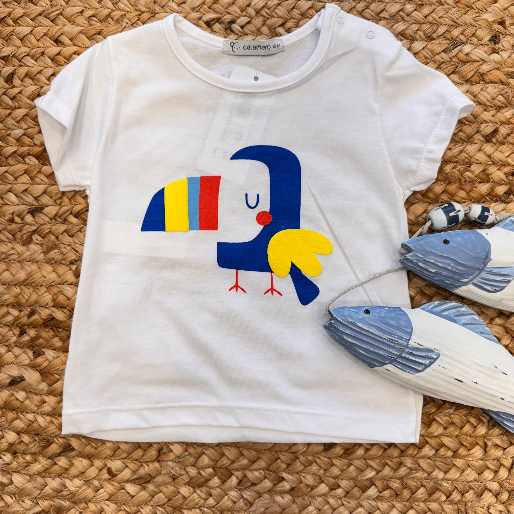 Costume mare bambino con t-shirt pappagallo e boxer rigato