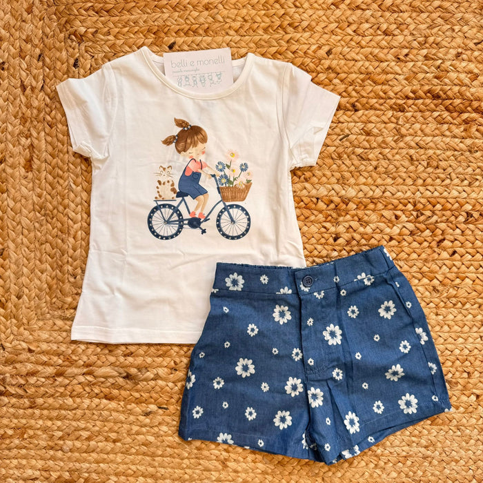 completo bimba cotone t-shirt con illustrazione e shorts floreali