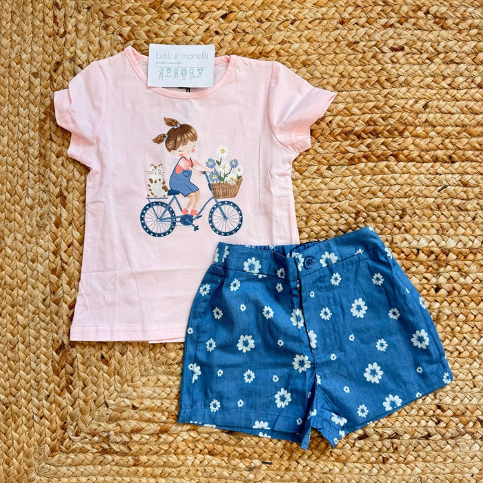 completo bimba cotone rosa t-shirt con illustrazione e shorts floreali