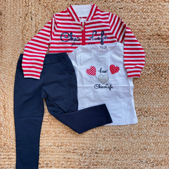 completo bimba cotone con giacca righe rosse t-shirt e pantalone