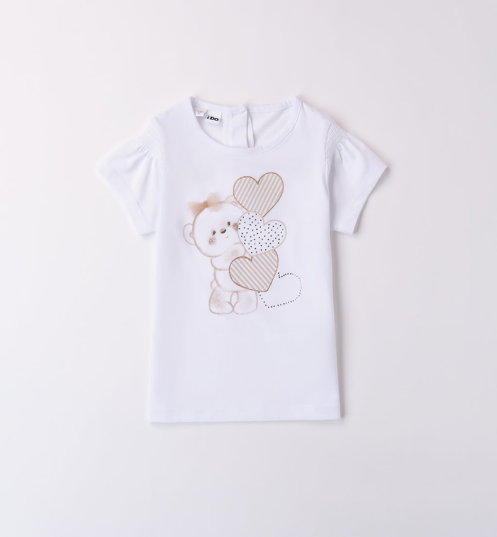 Completo bimba iDO con t-shirt orsetto e cuori e gonna pantalone a righe

