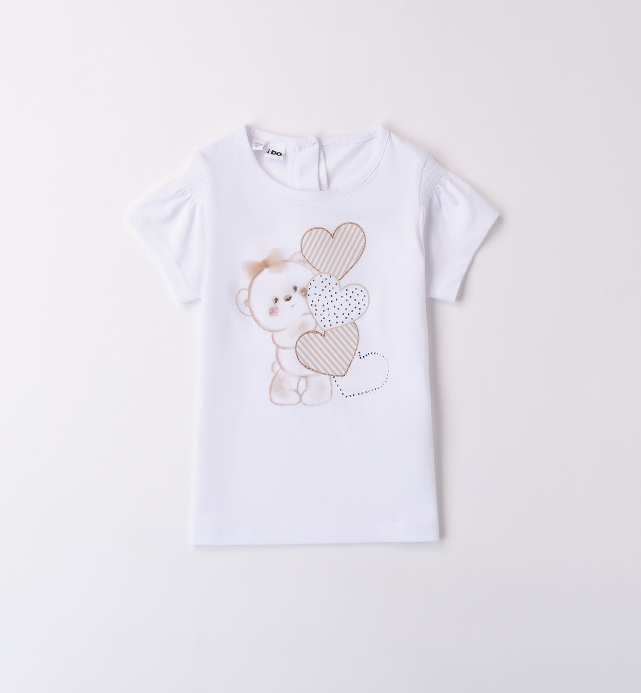 Completo bimba iDO con t-shirt orsetto e cuori e gonna pantalone a righe

