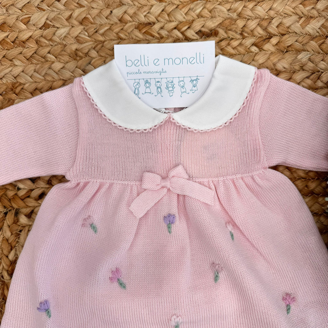 Tutina neonata rosa in pura lana con tunica e pantalone