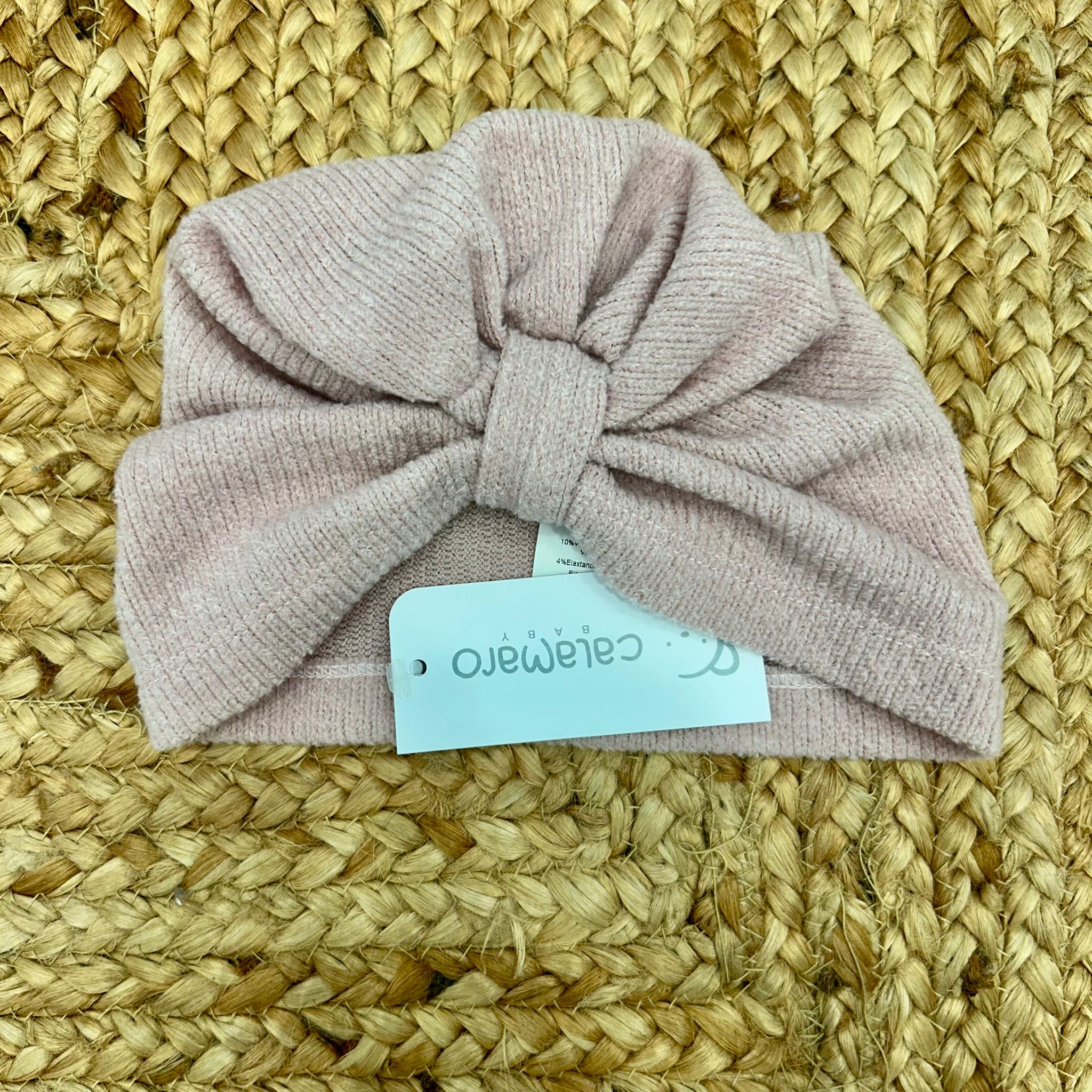 turbante rosa cipria neonata Calamaro Baby con maxi fiocco centrale