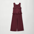 Completo bimba bordeaux con pantalone palazzo e maglia beige